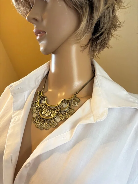 Jenny Bird Vintage-Style Coin Bib Statement Necklace – Antique Brass & Silver - Picture 9 of 14